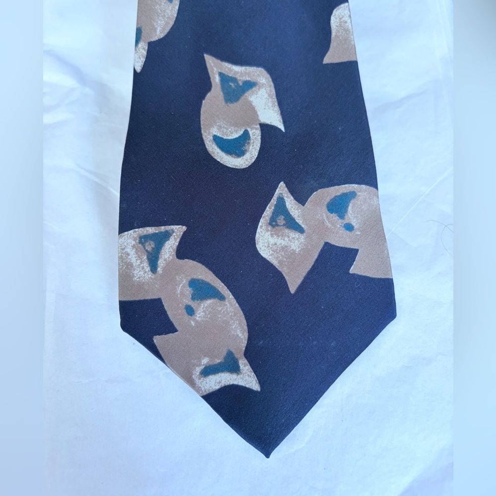 Enrique Goveri Vintage Silk Navy Tie Blue Tan Pattern Men's Classic Necktie